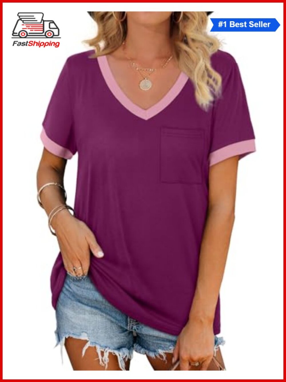 Womens V Neck Short Sleeve Loose Casual Summer T Shirt with Pocket
